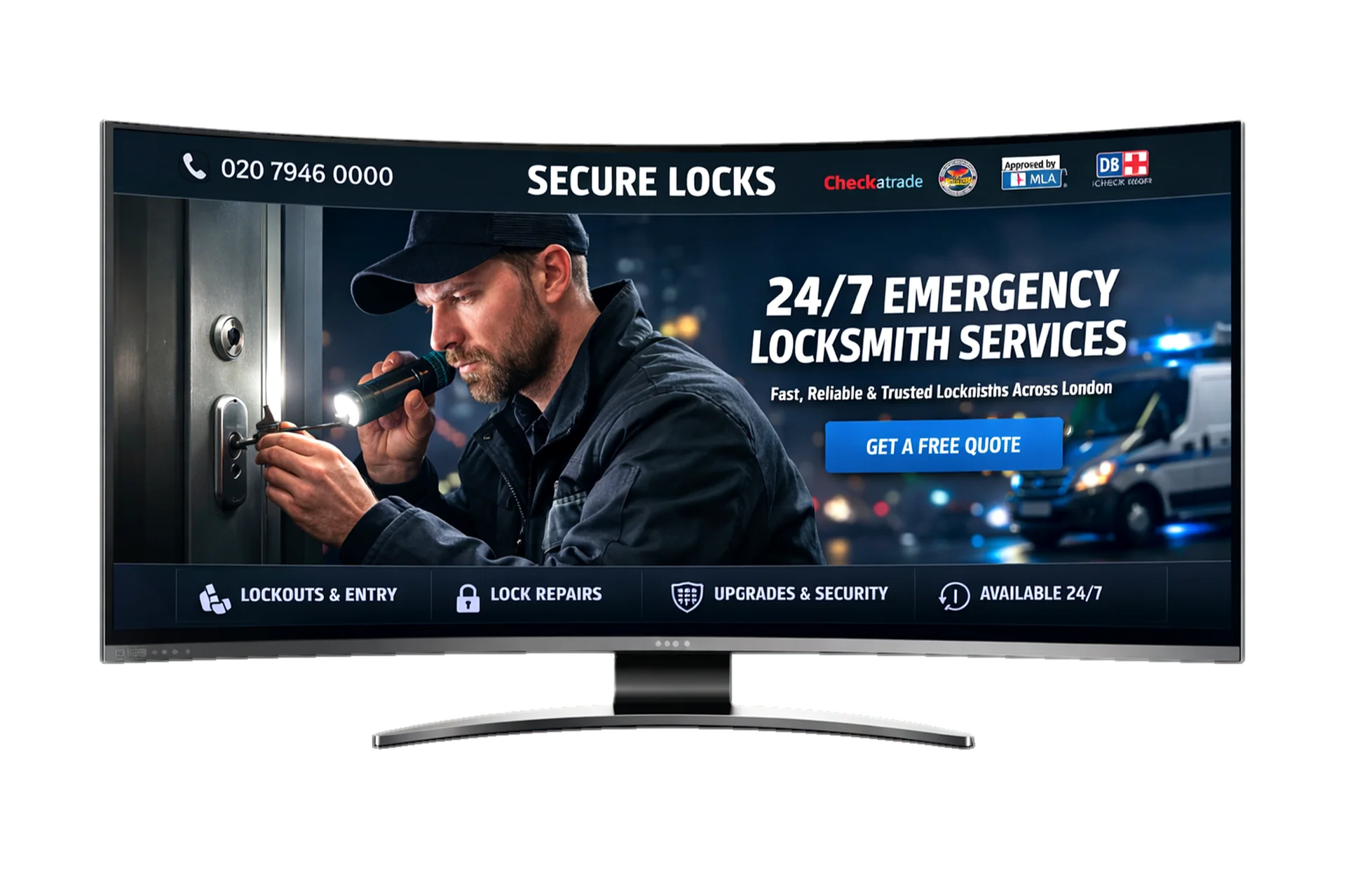 Smart Site Lite. Secure Locks premium locksmith website displayed on a curved monitor