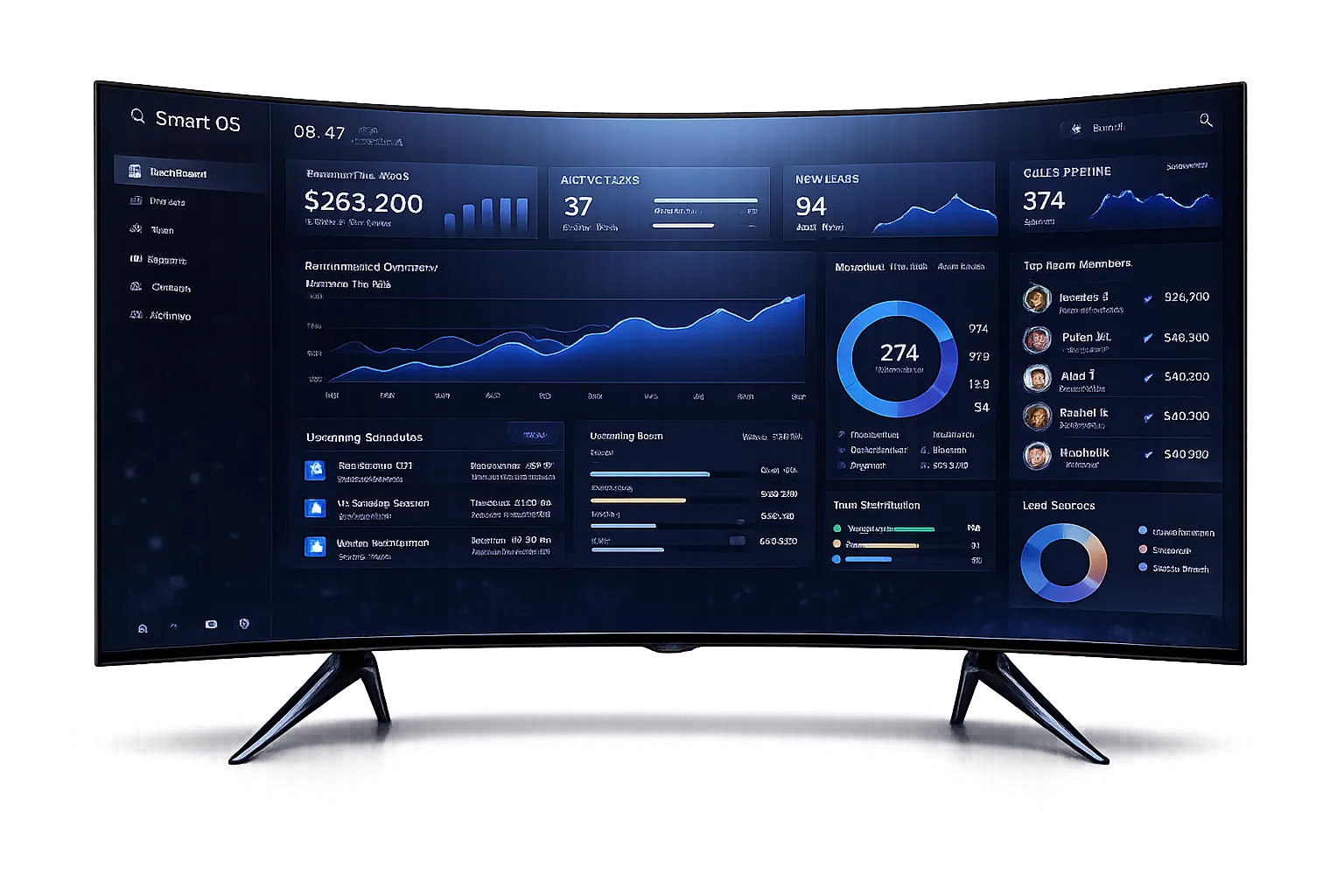 SmartOS™ Command Center. Custom business dashboard on a curved desktop monitor
